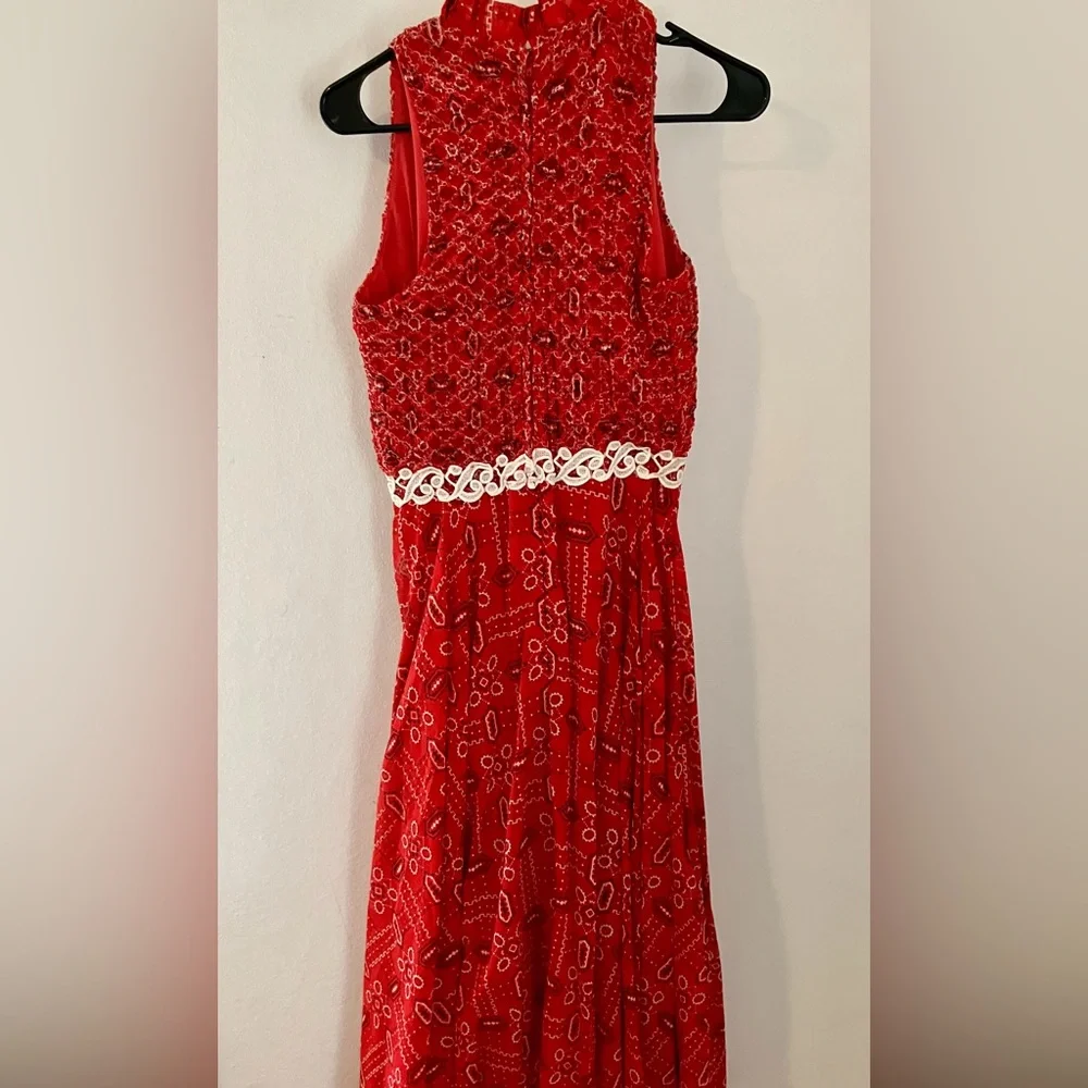 Vintage Red Bandana Print Maxi Dress Sz 12 SEE MEASUREMENTS Ruffle Collar - Picture 6 of 6